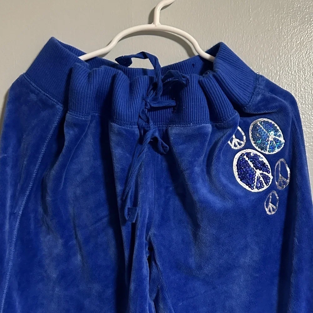 Justice Royal Blue Velour Tracksuit with Peace Signs, Size 12